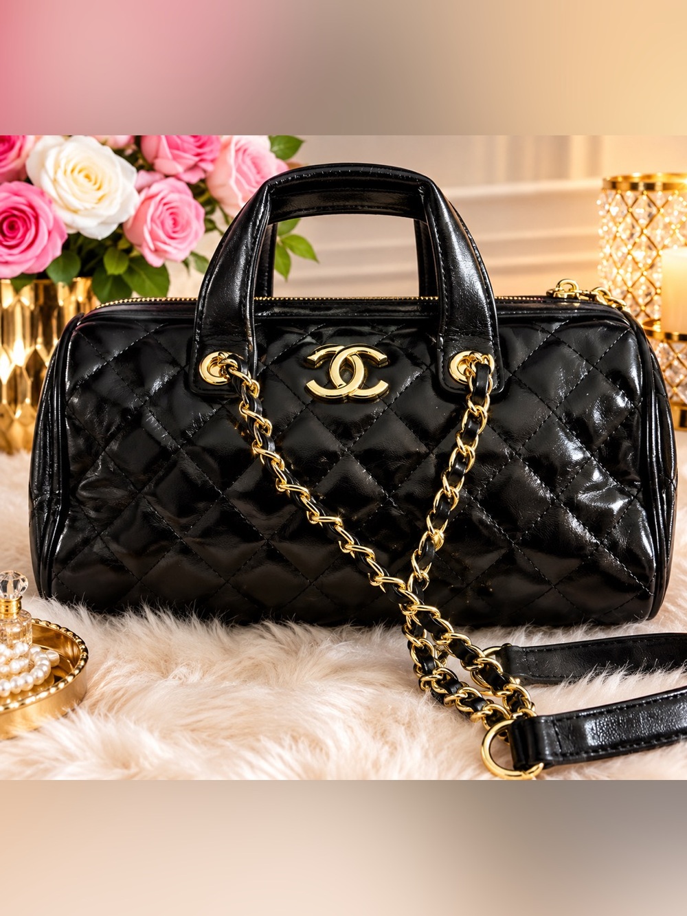 Source Unknown Black Quilted Patent Leather Shoulder Bag with Gold Hardware